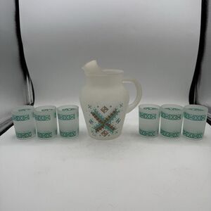 VTG MCM Hazel Atlas Signed Gay Fad Frosted Pitcher & Juice Glasses 7‎ Piece Set